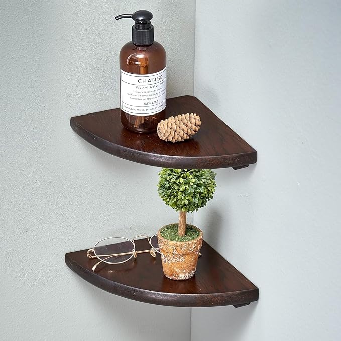 Corner Shelves, Floating Corner Shelf, Set of 2 7inch Solid Oak Wood Corner Wall Shelves, Round End with Wire Hole for Small Plant for Bedroom Kitchen, Living Room by Coamily