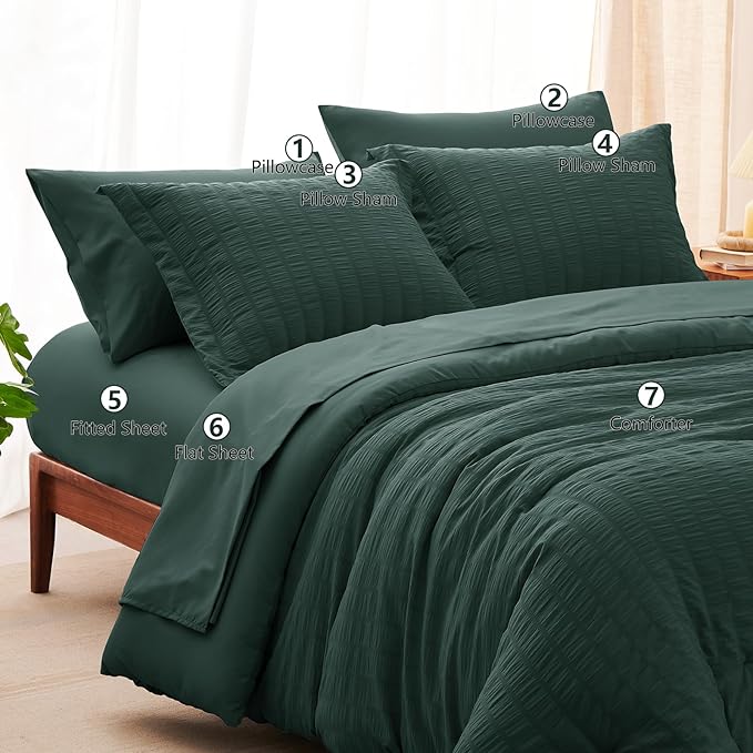 CozyLux Queen Comforter Set Forest Green Seersucker 7 Pieces Bed in a Bag Queen Comforter Set with Sheets, Luxury Bedding Sets with Down Alternative Comforter, Sheets, Pillowcases & Shams All Season