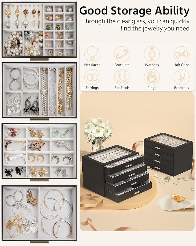 AKOZLIN Jewelry Box with Clear Lid Functional Leather Jewelry Storage Organizer Case 4 Drawers for Women Girls Necklace Ring Bracelet Earring - Image 3