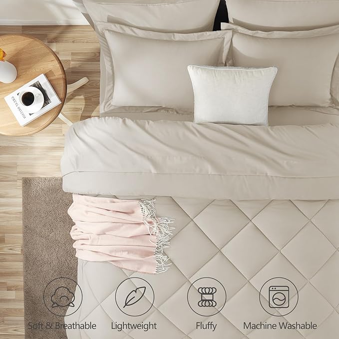 CozyLux Oversized Queen Comforter Set Beige - 7 Pieces Bed in a Bag Comforter Set with Sheets, Luxury Soft Bed Set All Seasons, Bedding Set with Down Alternative Comforter, Sheets, Pillowcases & Shams