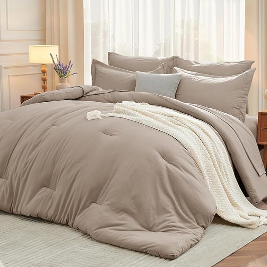 MUXHOMO 7 Pieces Queen Comforter Set, Soft Bed in a Bag Queen Size, All Season Bedding Set with Comforter, Flat Sheet, Fitted Sheet, Pillowcases & Shams, Linen