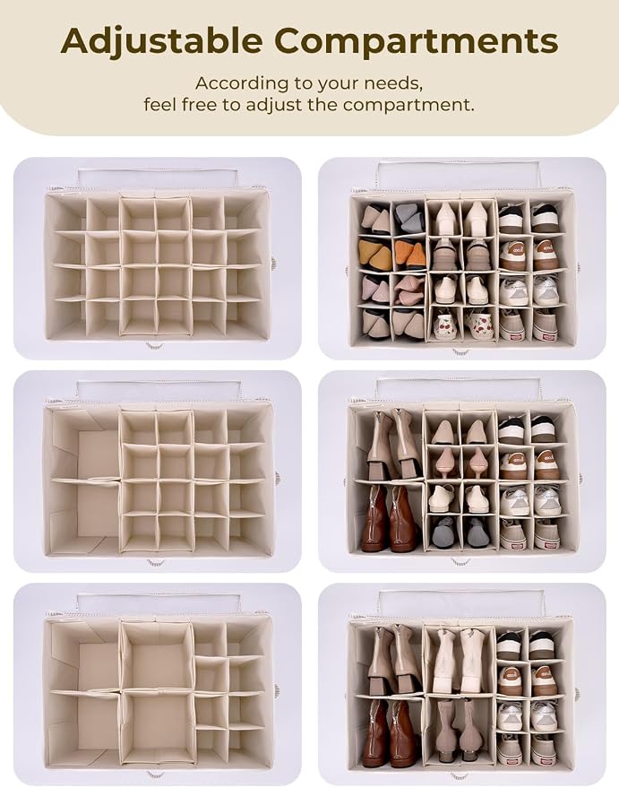 StorageWorks Shoe Organizer for Closet, Fits up to 24 Pairs, Shoe Cubby Storage Containers with Adjustable Dividers and Clear Cover, Khaki and Beige Stripes - Image 4