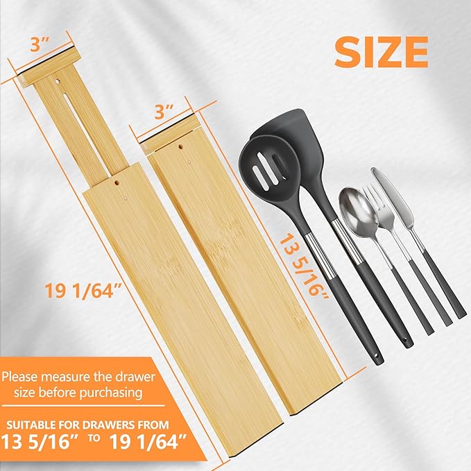 BAMEOS 4 pcs 3" High Bamboo Drawer Dividers Adjustable Drawer Organizer Expandable Drawer Organization Utensil Organizers for Kitchen Dresser Bathroom Bedroom and Office - Image 2