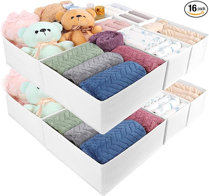 Drawer Organizer Clothes, 16 Pack Dresser Organizer Bins, Foldable Closet Organizers and Storage Fabric Dresser Bins, Shallow Drawer Dividers for Clothing, Underwears, Socks, Tie by Unknown