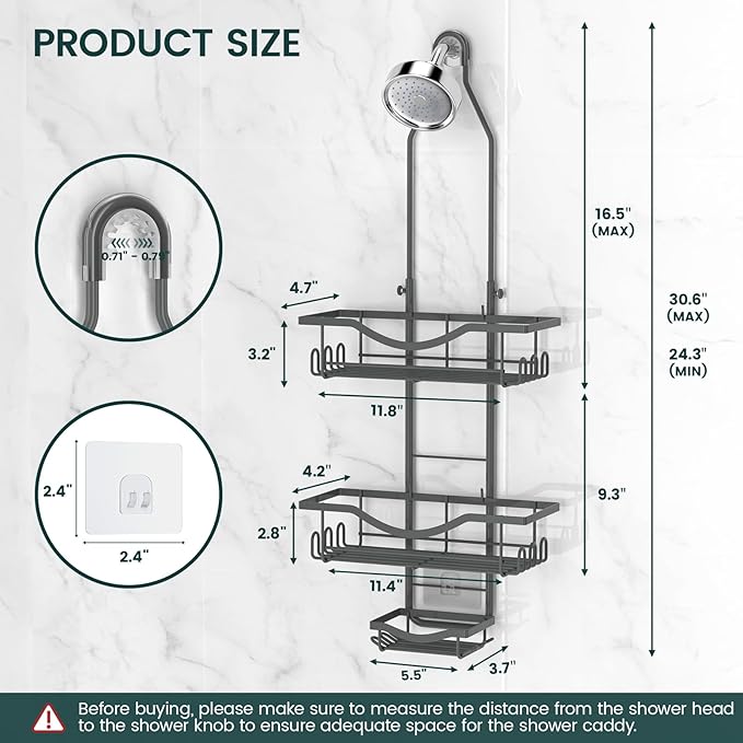REINHARDT Shower Caddy Hanging Adjustable, Extended Length Rustproof Shower Caddy Over Shower Head with Hooks Soap Holder, Large Capacity Shower Organizer Anti-Swing Bathroom Organizer, Grey - Image 6