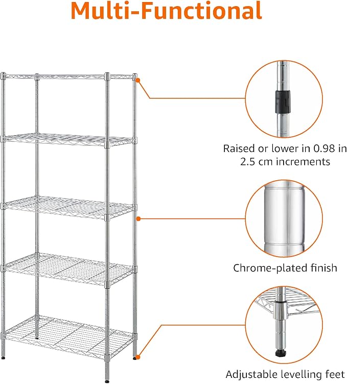 Amazon Basics 5-Shelf Adjustable Storage Shelving Unit for Garage, Steel Wire Rack, 200 Pound Loading Capacity per Shelf, 23.2" x 13.4" x 60", Chrome Finish - Image 7