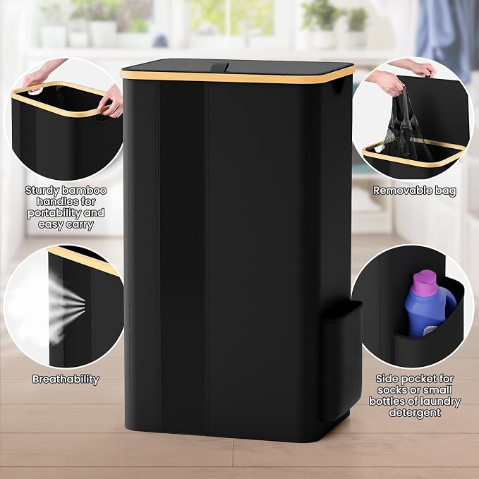 BlissTotes Laundry Basket with Lid, 100L Clothes Laundry Hamper with Handles and Removable Laundry Bag, Breathable Design Hamper with Lid for Bedroom, Bathroom, Dorm, Laundry Room - Black - Image 4