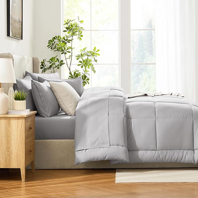 CozyLux King Size Comforter Set French Grey, 7 Pieces Bed in a Bag, Gray Comforter King Size, All Season Bedding Sets with Stitch Quilted Comforter, Flat Sheet, Fitted Sheet, Pillowcases