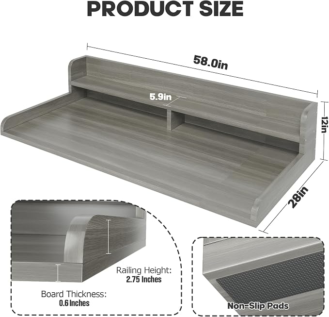 2-Tier Washer Dryer Countertop with 2.75" H Edge Rails, 58" W x 28" D Laundry Countertop for Folding Clothes, Washer and Dryer Topper with Non-Slip Pad (Stripe Gray) - Image 4
