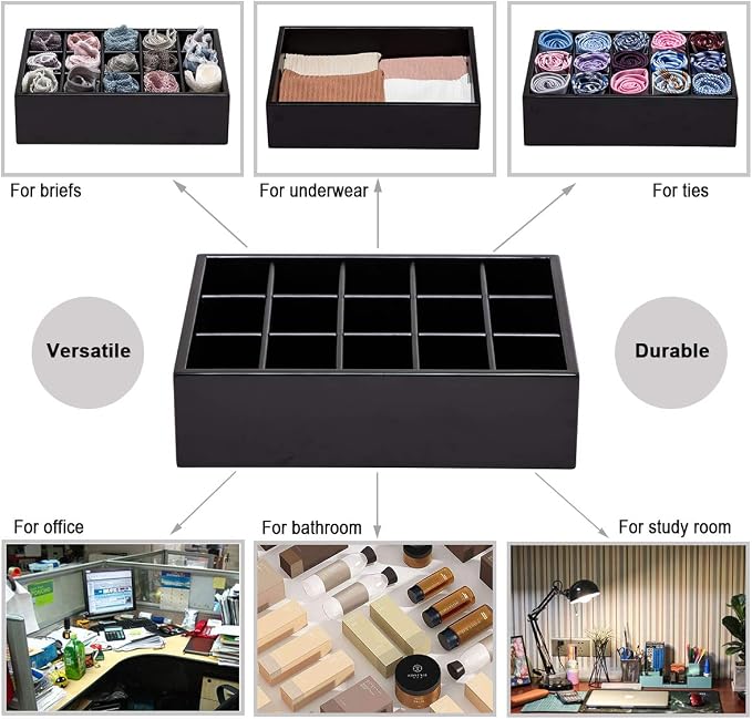 GOBAM Bamboo Closet Drawer Organizer, 15 Compartments - Drawer Divider & Storage Box for Ties, Bras, Briefs, Socks & Jewelry - Storage Organizer for Dressing Room & Bedroom - Black - Image 3