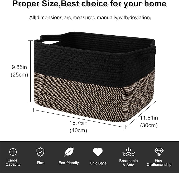OIAHOMY Woven Storage Basket for Shelves, Rectangle Cotton Rope Baskets for Organizing, 16 x 12 x 10 in, Storage Bins for Dog Toys,Towel,Books,Gift,Black and Brown - Image 2