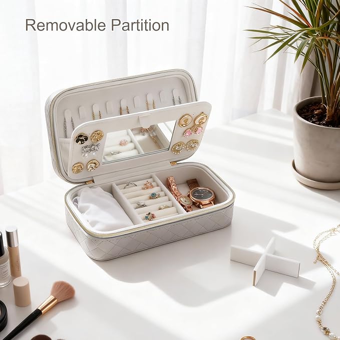 DesignSter Travel Jewelry Case, Woven Embossed PU Leather Jewelry Organizer with Mirror, Small Portable Jewelry Box for Women Rings Necklaces Bracelets Earrings - Image 6