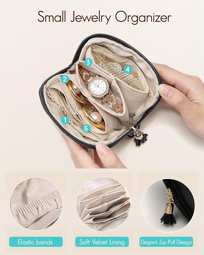 VLANDO Mini Jewelry Travel Case,Jewelry Pouch Bags with Zipper, Velvet Jewelry Organizer Storage Bag for Bracelet Rings Earring Travel Essentials Gifts for Women Girl - Black - Image 4