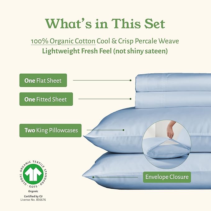California Design Den California King Sheet Sets - Soft 100% Organic Cotton Sheets, Crisp and Cool Percale, Deep Pockets with Anti-Skid Elastic, Breathable and Durable Bedding Set - Light Blue