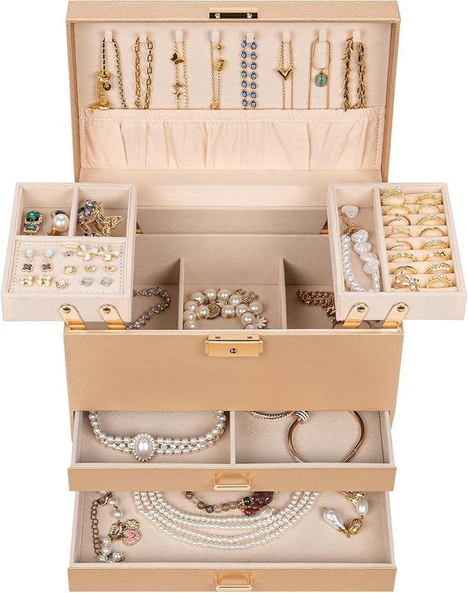 AKOZLIN Travel Jewelry Box Organizer Functional 2-trays Leather Jewelry Storage Case with Lockable Portable 2 Drawers for Women Girls Ring Necklace Earring Bracelet - Image 2