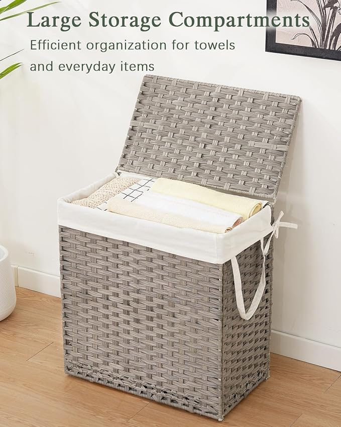 SETVSON Laundry Hamper with Lid Wicker Laundry Basket 112 L (29.6 Gal) Laundry Hampers Handwoven Rattan Clothes Hamper with Handles 3 Removable Liner Bag, 6 Mesh Bags for Bathroom Bedroom Gray - Image 4