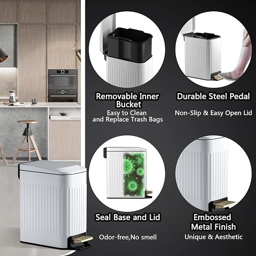 Small Bathroom Trash Can with Lid Soft Close-6L/1.6 Gal Slim Step Garbage Can-Metal Pedal Wastebasket-Narrow Rectangle Garbage Container Bin for Corner Office, Bedroom, Toilet, Live Room-White - Image 4