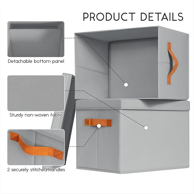 Homsorout Storage Bins with Lids - Large Fabric Closet Bins with Lid, 8 Pack Clothes Organizers and Storage, Collapsible Stackable Cube Basket for Home, Office, Dorm, Grey - Image 4