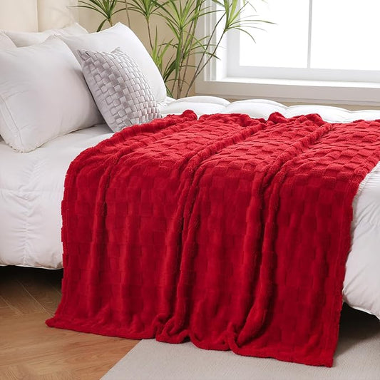 Red Fleece Throw Blanket 90”×90” for Couch Sofa Bed,Super Soft Cozy Plush Microfiber Flannel Blanket with 3D Checkered Design Lightweight for Adults,Woman,Girls