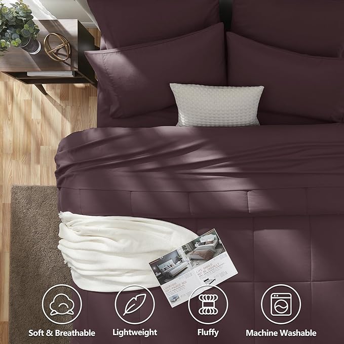 CozyLux Queen Comforter Set Cocoa Powder, 7 Pieces Bed in a Bag, Brown Comforters Queen Size, All Season Bedding Sets with Stitch Quilted Comforter, Flat Sheet, Fitted Sheet, Pillowcases