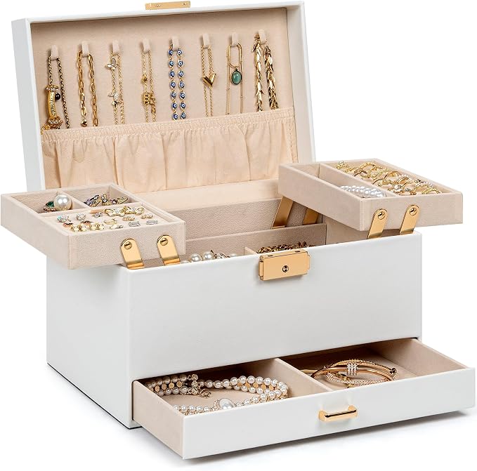 AKOZLIN Travel Jewelry Box Organizer Functional 2-trays Leather Jewelry Storage Case with Lockable Portable Drawer for Women Girls Ring Necklace Earring Bracelet by AKOZLIN