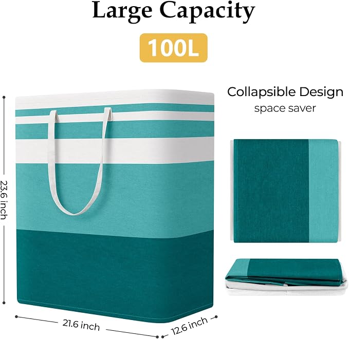 StorageRight Large Collapsible Laundry Basket Hamper with Easy Carry Handles，Freestanding Clothes Hampers for Laundry, Bedroom, Dorm, Towels, Toys, 100L, Green - Image 2