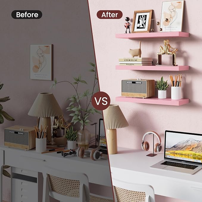 BAYKA Pink Floating Shelves for Wall Set of 3, 15.7in Wood Wall Shelves for Bathroom, Bedroom, Living Room Decor Organize, Hanging Shelf for Books/Storage/Display with 22lbs Capacity - Image 6