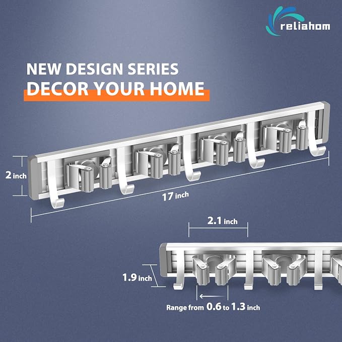 reliahom Adjustable Broom Holder Wall Mount, Mop Storage Tool Racks, Broom Hanger Tool Organizer for Garage, Kitchen, Garden, Laundry Room, 4 Racks 5 Hooks Silver - Image 6