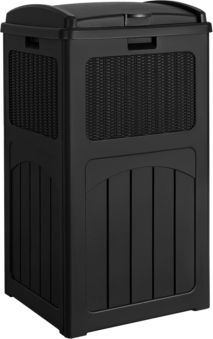 Devoko 33 Gallon Outdoor Trash Can with Dual Lid, Heavy Duty Waterproof Resin Garbage Bins Outside, Hideaway Waste Bins for Patio, Outside Pool, Backyard and Deck (1, Black) by DEVOKO