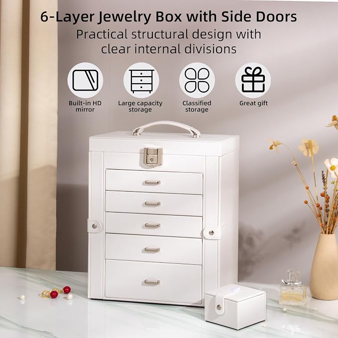 Large Jewelry Box,5-Tier PU Leather Jewelry Organizer with Lock,Multi-functional Storage Case with Mirror,Jewelry Organizer for Bracelets, Earrings, Rings, Necklaces, Mothers Day (CREAM) - Image 3