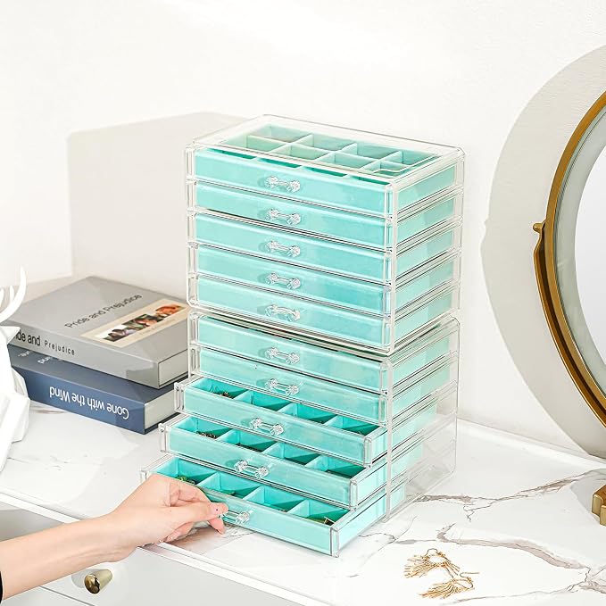 ProCase Earring Holder Organizer Jewelry Box with 10 Drawers, Acrylic Clear Earring Case with Adjustable Velvet Trays for Women - Aqua,10 Layers - Image 3