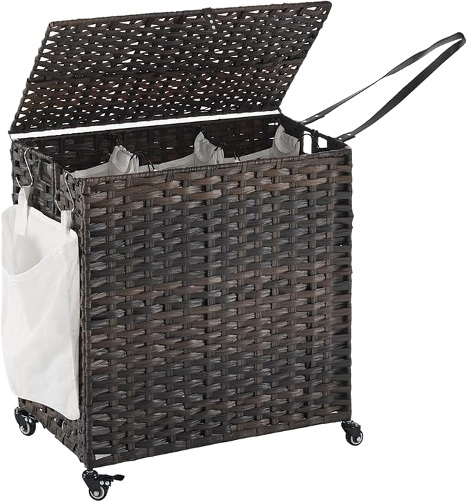 Laundry Hamper with Wheels, 39.6 Gallon(150L) Rolling Laundry Basket with Lid, 3-Section Rattan Clothes Hamper with 3 Removable Liner & 3 Mesh Bags, Laundry Sorter with Side Pocket, Brown by Hiagnete