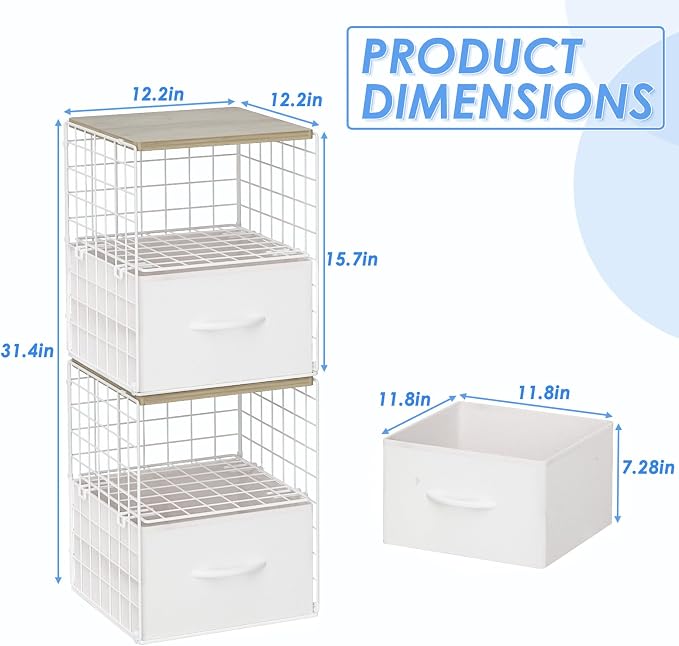 2 Pack Stackable Storage Drawers, Closet Organizers and Storage Shelves with Wooden Top & Adjustable Dividers, White Fabric Closet Drawer Organizer, Modular Storage Bins for Bedroom Wardrobe Apartment - Image 2