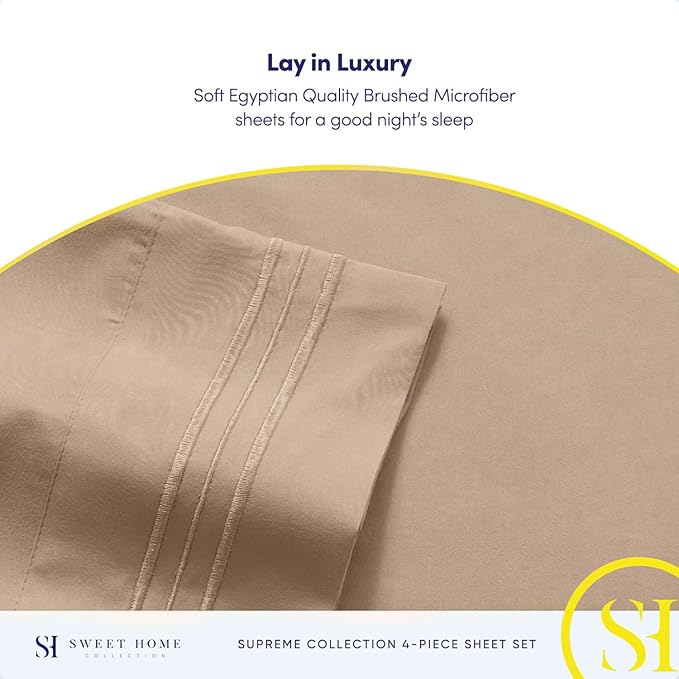 RV Queen Bed Sheets - Breathable Luxury Sheets with Full Elastic & Secure Corner Straps Built In - 1800 Supreme Collection Extra Soft Deep Pocket Bedding Set, Sheet Set, RV Short Queen, Taupe