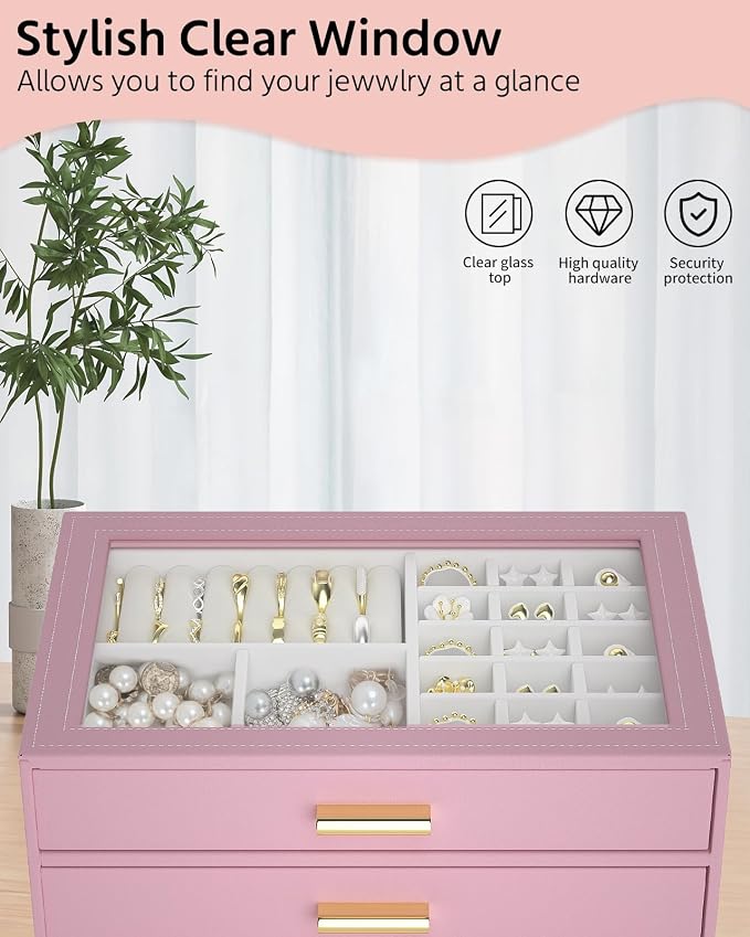 AKOZLIN Jewelry Box with Clear Lid Functional Leather Jewelry Storage Organizer Case 2 Drawers for Women Girls Necklace Ring Bracelet Earring - Image 6