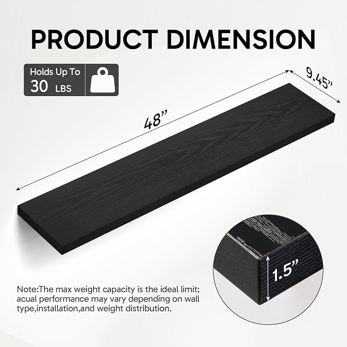 BAYKA Floating Shelves, 48 inches Long Heavy Duty Wall Mounted Rustic Wood Shelves for Bathroom, Bedroom, Living Room, Kitchen, Office, Hanging Shelf for Books/Storage/Decor(Black,Set of 2) - Image 3