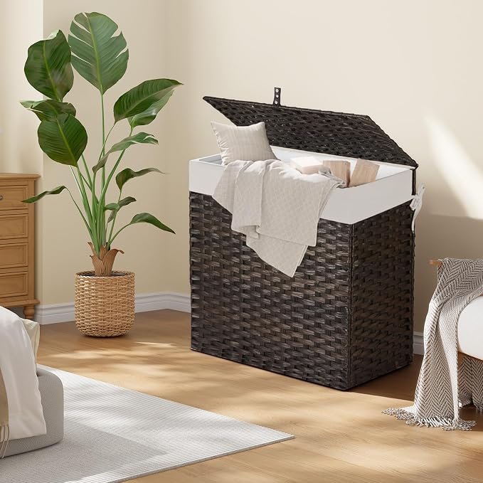 Greenstell Laundry Hamper with Lid, 125L Wicker Laundry Baskets with 2 Removable Liner Bags & 5 Mesh Laundry Bags, Handwoven Rattan Clothes Hamper with Handles for Clothes in Bathroom, Bedroom - Image 2