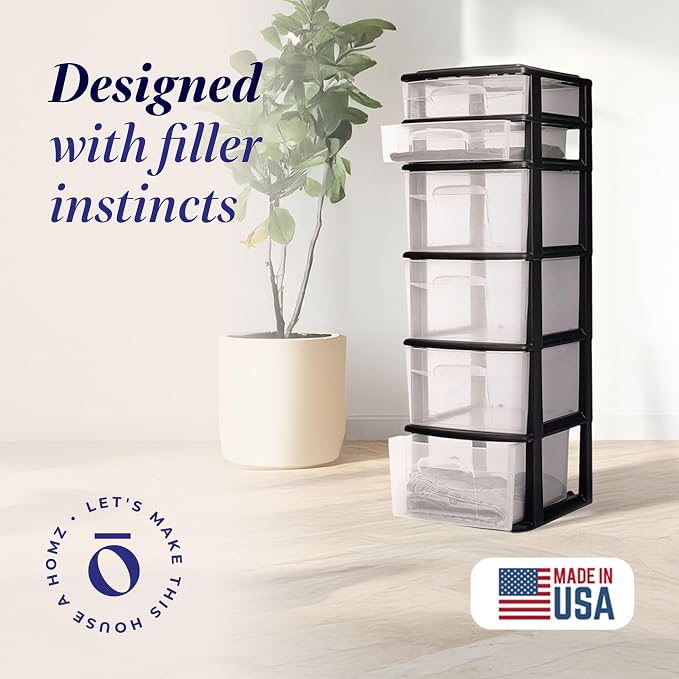 HOMZ Drawer Tower, 6-Tier Clear Plastic Storage Organizer Cart, Black Frame - Heavy-Duty Organizing Drawers for Home, Bedroom, and Closet Organization - Image 3