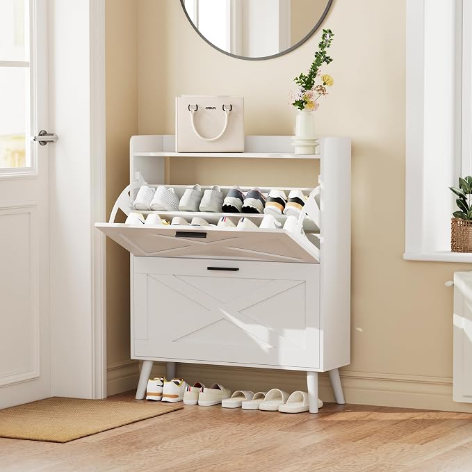 Homleke 32" W Farmhouse Shoe Storage Cabinet with 2 Flip Drawers and Barn Door Design, Adjustable Shelves, Modern Hidden Slim Narrow Shoe Rack Cabinet for Entryway, Foyer, Hallway, Living Room, White - Image 3