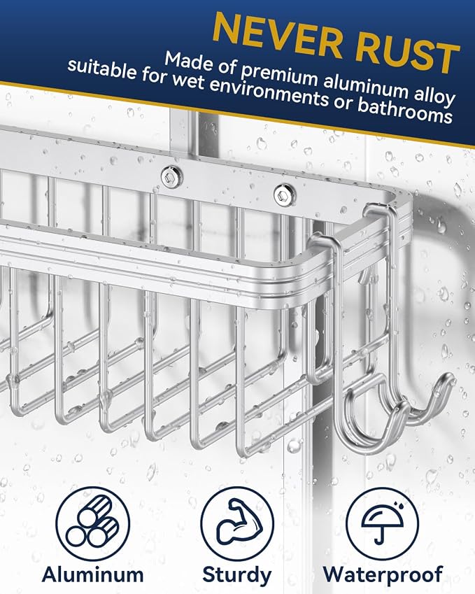 YASONIC Shower Caddy Hanging, Never Rust Shower Organizer Hanging, Aluminum Shower Racks for Inside Shower with Hooks for Razor, Bathroom Organizers and Storage with Soap Holder, Bright Silver - Image 4