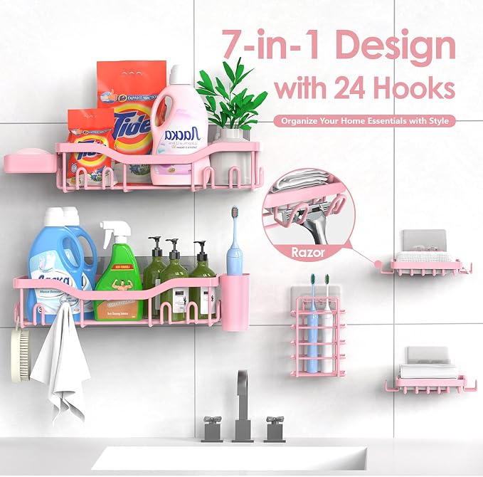NESOMI Shower Caddy Adhesive Shower Organizer 7-Pack, Rustproof Stainless Steel Bathroom Shelves, Large Capacity No-Drill Rack Storage Accessories with Soap Dish Toothbrush Holder Hooks - Image 4