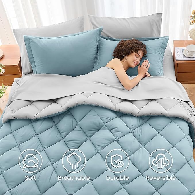 MUXHOMO 7 Pieces California King Comforter Set, Reversible Bed in a Bag Cal King Size, All Season Bedding Set with Comforter, Flat Sheet, Fitted Sheet, Pillowcases & Shams, Greyish Blue & Light Grey
