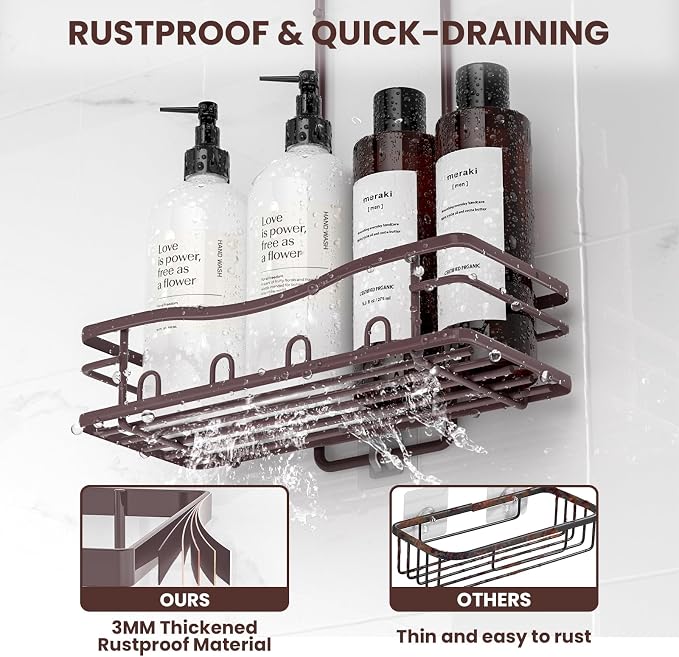 REINHARDT Shower Caddy Hanging, Rustproof Shower Caddy Anti-Swing Shower Organizer No Drilling Showers Racks with Soap Holder Multi Hooks Bathroom Storage for Shampoo Sponge, Bronze - Image 4