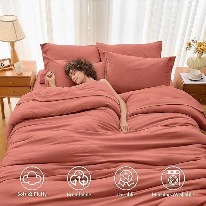 MUXHOMO 7 Pieces Queen Comforter Set, Soft Bed in a Bag Queen Size, All Season Bedding Set with Comforter, Flat Sheet, Fitted Sheet, Pillowcases & Shams, Coral Red