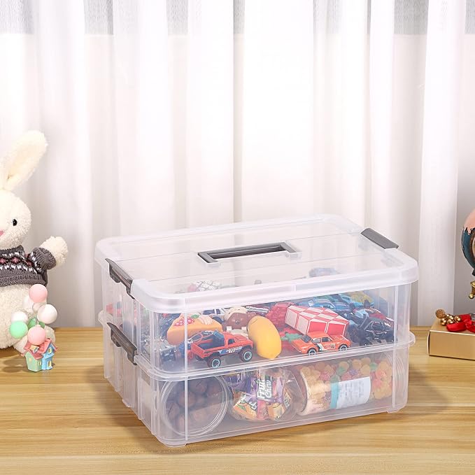 JUXYES 2-Tiers Stack Carry Storage Box With Handle, Transparent Stackable Storage Bin With Handle Lid Latching Storage Container for School & Office Supplies - Image 8