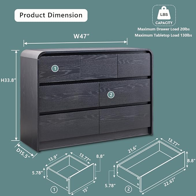 Aitjunz Modern 7 Drawers Dresser for Bedroom, 47" Wide Wood Dressers & Chests of Drawers w/Curved Profile Design, Mid Century Modern Dresser w/Natural Texture for Bedroom, Living Room, Black