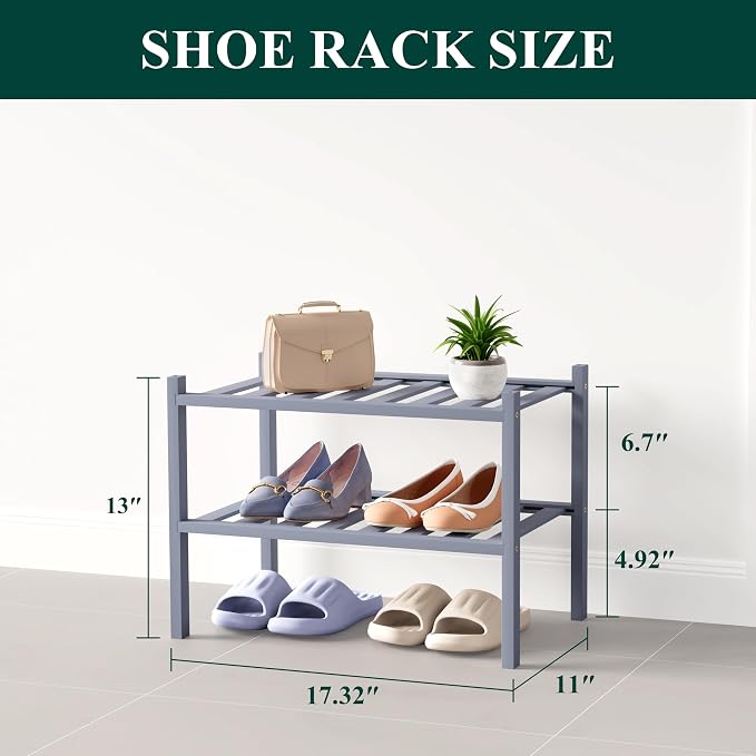 Smiry Bamboo Shoe Rack for Closet, 2 Tier Small Wooden Stackable Shoe Organizer, Free Standing Shoes Storage Shelf for Entryway, Front Door Entrance, Grey - Image 2