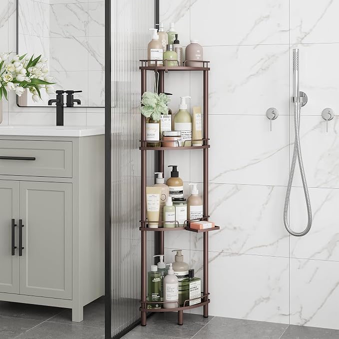 ELYKEN Corner Shower Caddy Standing, 4 Tier Rustproof Metal Shower Organizer with Soap Holder, Floor Shower Corner Shelf Rack Storage Stands with Adjustable Feet & 2 Hooks for Bathroom, Bronze - Image 9