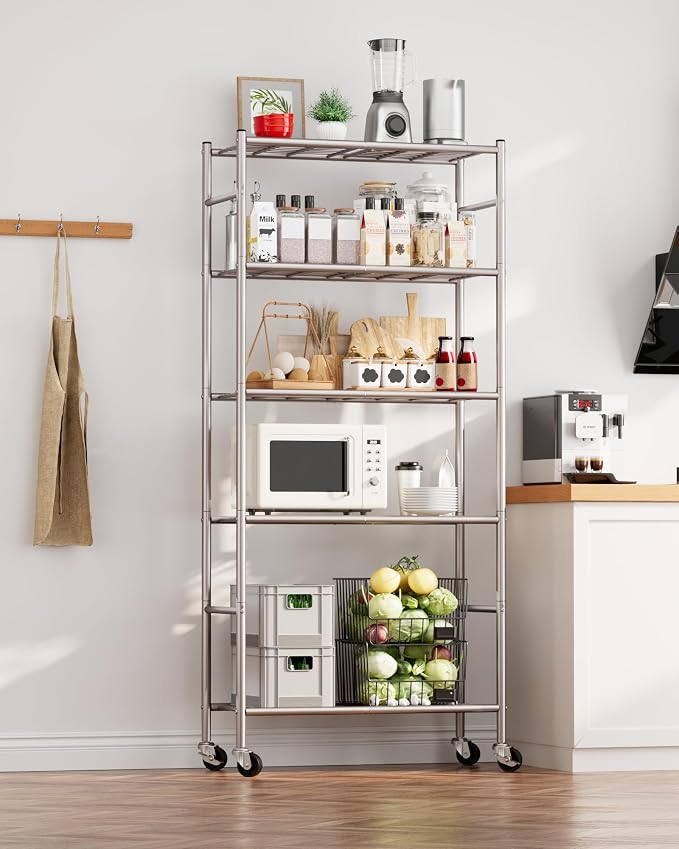 Sakugi Storage Shelves Organizer - 5 Tier Metal Shelf Organizer with Metal Wheels and Adjustable Leveling Feet, Heavy Duty Garage Shelving for Kitchen, Pantry and Closet, 33.1"x12.6"x73.5", Sliver - Image 2