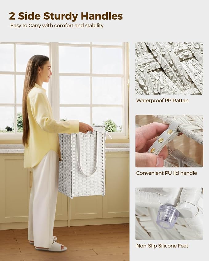 Greenstell Laundry Hamper with Wheels&Lid,130L Large 3 Sections Clothes Hamper with 2 Types Removable Liner Bags, 5 Mesh Laundry Bags, Handwoven Divided Laundry Basket White - Image 5